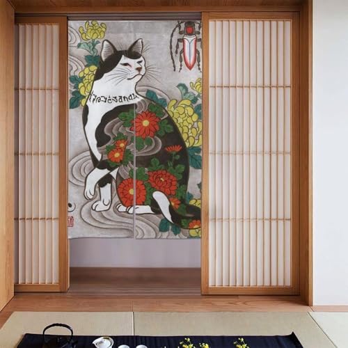 のれん 和柄 浮世絵 猫柄 間仕切り おしゃれ 遮光 目隠し 暖簾 ドアカーテン 北欧 厚手 断熱防寒 インテリア リビング キチン ロング カーテン 玄関 飲食店 出入り口 洗面所 台所用 四季兼用 86x143cm