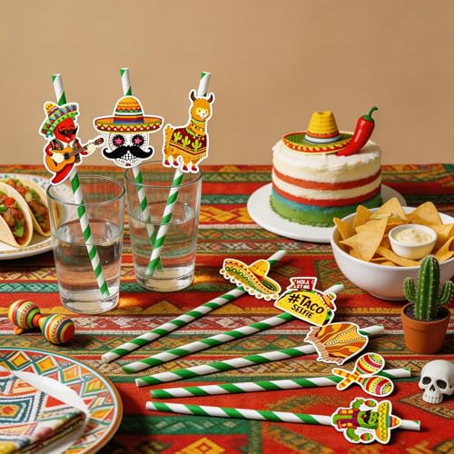 24 pitillos desechables de papel para fiesta temática mexicana miniatura 6