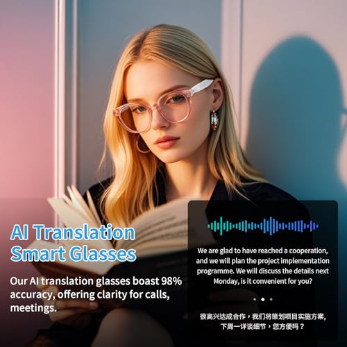 Image of Smart Glasses for Women, AI Translation Bluetooth Glasses, Real-Time Translator, Open Ear Blue Light Filtering Lenses, Supports 160+ Languages, Language Translator for Traveling Learning