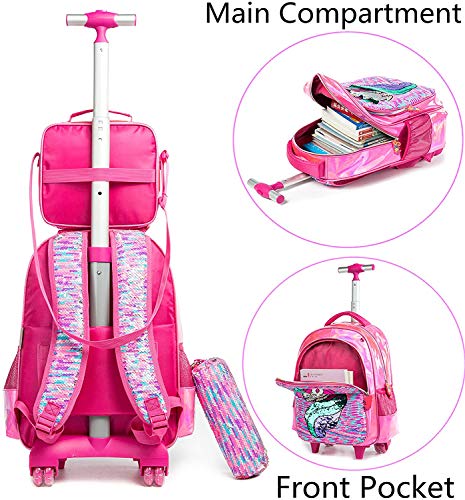 Egchescebo School Kids Rolling Backpack for Girls and Boys With Wheels Trolley Wheeled Backpacks for Girls Travel Bags 3PCS Girls and Boys Backpack With Lunch Box Rose Red