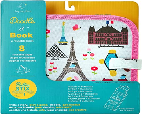 Jaq Jaq Bird Erasable Doodle Pad for Kids,Reusable Mess-Free Coloring and Toddlers Learning Toys-chalkboard and Drawing Books-Includes 4 ButterSitx Chalks-Paris