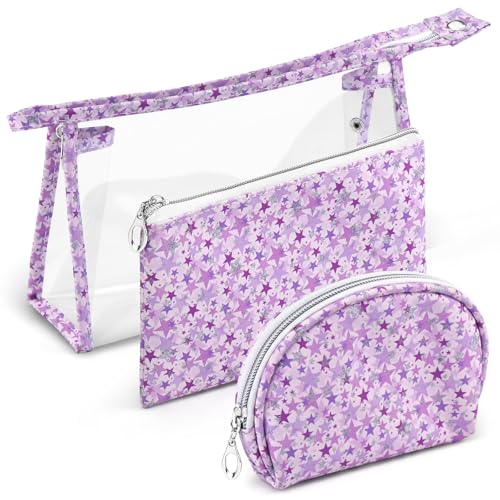 3 Pieces Purple Makeup Bags, Large Capacity Cosmetic Bags With Zipper, Clear Travel Toiletry Bag Waterproof Organizer Purse Pouch Makeup Storage Case for Women (Purple)