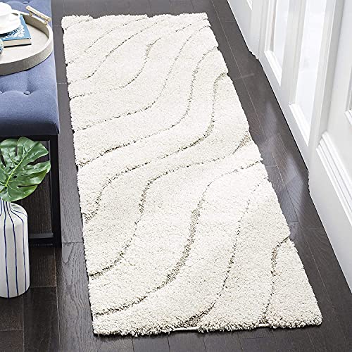 Image of (Pack of 2 Abstract Wavy Design Shaggy Carpet for Living Room, Bedroom, High Low Design Finish Microfiber 1.8 Inch Pile High, 2x6 Feet Runner Cream|Beige Color