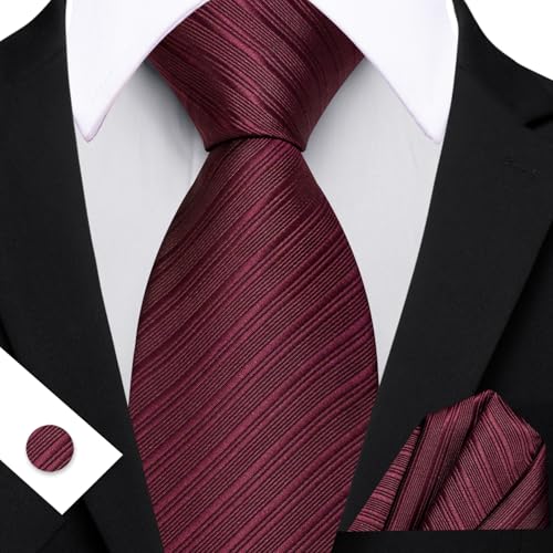Image of Barry.Wang Solid Striped Tie for Men Silk Necktie Pocket Square Cufflinks Formal Wedding Party Business
