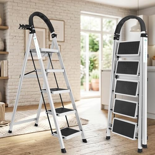 Image of Norman Jr White 5 Step Ladder for Home Use with Built-in Tool Tray | Heavy Duty D Shape Rods | Ultra Large Platform | Wide Rubber Feet | 150Kg Capacity Foldable Ladder - 7 Years Warranty