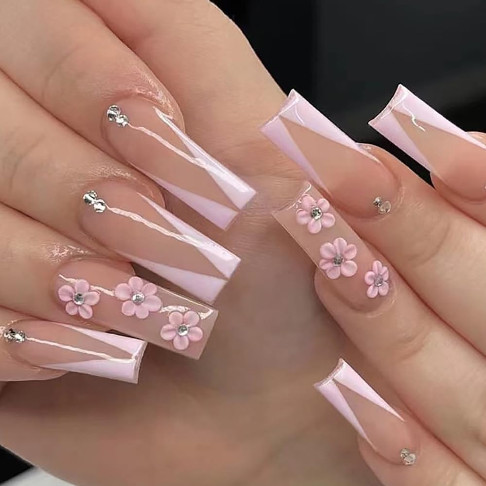 ANDGING French Tip Press on Nails Pink Square Medium Long Fake Nails on Nails with Floral Rhinestone Design Acrylic Women False Nails with 24Pcs Gel