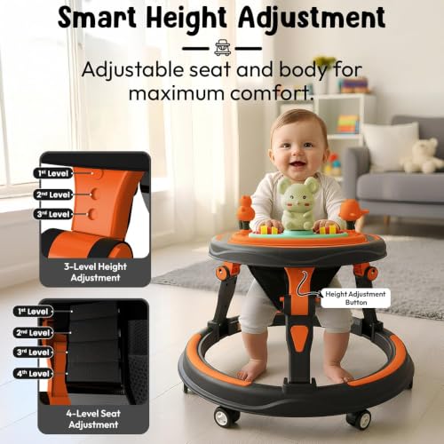Image of StarAndDaisy Baby Walkers for 6-24 Month Baby boy 360 Walker for Kids for 6-24 Months with RGB Light, 7 Level Height Adjustment, Baby Walker with Switchable Food & Musical Toy Tray -Orange Black