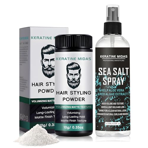 Sea Salt Spray, 120ml Spray Sal Marina Pelo Hombre+10g Polvos Volumen Pelo Hombre, Polvo Texturizador, Mejora el Brillo y el Volumen Para Todo Tipo de Cabello, Crea un Look Natural