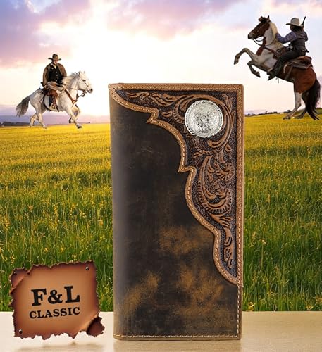 Image of F&L CLASSIC Men's RFID Vintage Look Genuine Leather Long Bifold Wallet Checkbook Wallets,brown,240-82