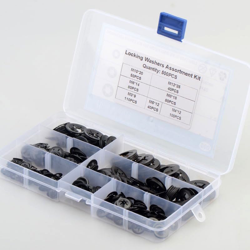 500PCS 65 Mn Steel M3-M12 Star Lock Locking Washers Assortment Kit Plum Blossom Hole Retaining Ring Bearing Clip - (Color: 500PCS)