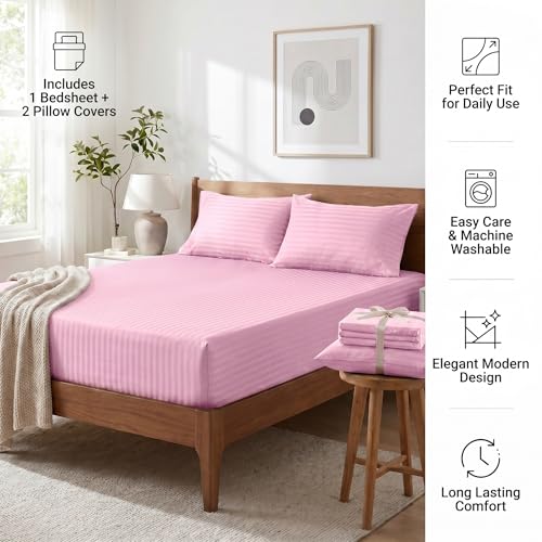 Image of Mafatlal Italian Strip King Size Bed Sheet Cotton with 2 Pillow Covers| 210 TC Pure Cotton Flat Bedsheet Pink | 108 x 108 Inches | Soft & Durable