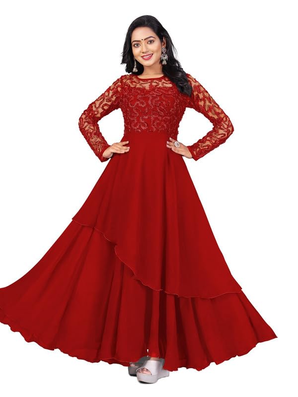 Elegant Embroidered Anarkali Gown for Women | Layered Flared Dress with Net Sleeves | Party Design No K_T_Ribin
