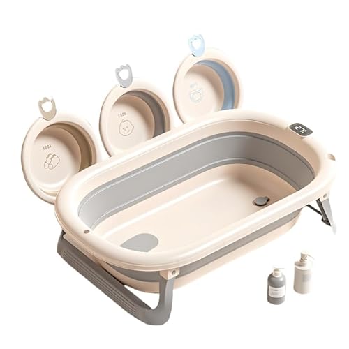 HIYOKU ベビーバス 折り畳み式 スマート 滑り止め 温度表示付き 折りたたみ 大容量45L 湯温計付 沐浴ネット&浮きパッド付属 新生児から幼児まで長く使える 収納楽々 沐浴 浴室用 バスタブ 赤ちゃん お風呂 0~18カ月頃 18 ヶ月以上 (火山