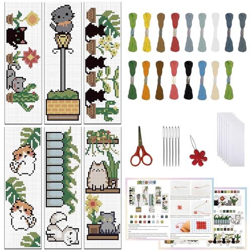 Image of FREEBLOSS 6 Set Bookmark Cross Stitch Kits Stitch Bookmark Cross Stitch Kits with Instructions Cartoon Cat Pattern Embroidery Kit for Beginners Bookmark Making Kit for Gifts