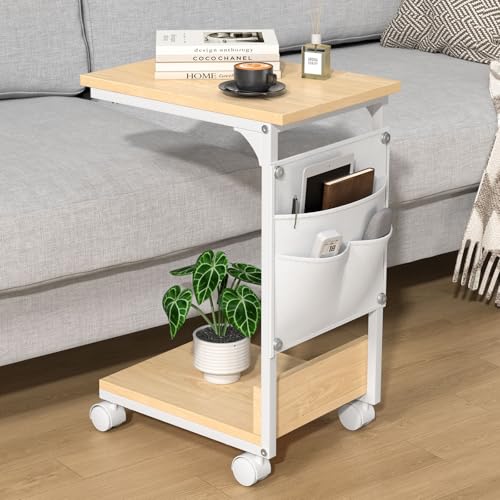 TTWO サイドテーブル ナイトテーブル 幅37×奥行26×高さ54.5cm ベッド横 ソファー横 リビング 収納袋付き コの字テーブル スリム 木製 小型 ミニ コーヒーテーブル カフェテーブル キャスター・アジャスター付き 北欧 モダン おしゃれ (ナ