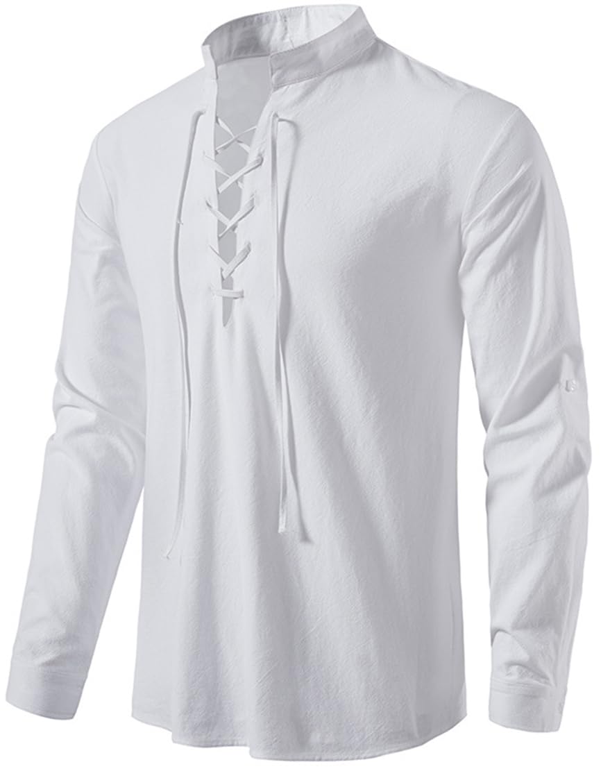 PADOLA Chemise Homme Médiévale Chemise Lin à Lacets Steampunk Chemise Manches Longues Viking Costume Médiévale Déguisement Halloween Homme Unicolore Pirate Shirt Henley Shirt