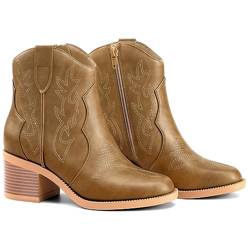 PIZZ ANNU Women's Embroidered Western Cowboy Boots Cowgirl Round Toe Short Ankle Boots Ladies Fashion Retro Classic Booties Chunky Heels2