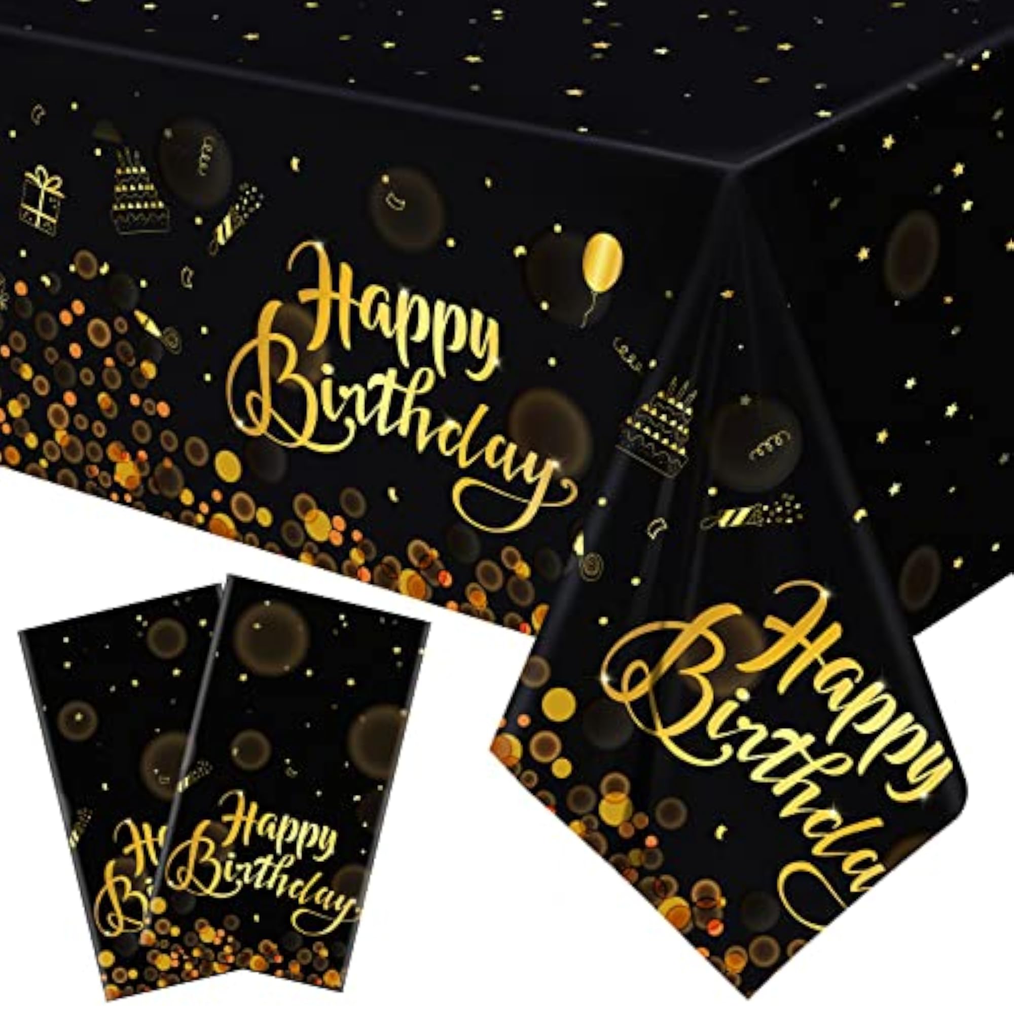 2 Pack Happy Birthday Black Gold Tablecloths, Rectangular