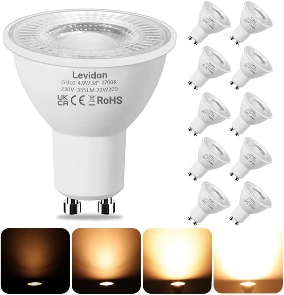 GU10 LED Bulbs Dimmable, Warm White 2700K, 50W Halogen Spotlight Replacement, 4.9W Dimmable GU10 LED Bulbs, 220-240V 355LM 38° Narrow Beam Angle - Pack of 10