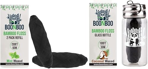 BOONBOO Paquete de 2 repuestos de hilo dental menta + botella de vidrio de 100 pies de coco