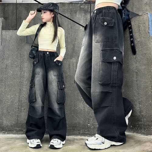 Trendy Girls Baggy Pants Wide Leg Denim Streetwear Casual Cargo Trousers Comfortable High Waist Fashionable3