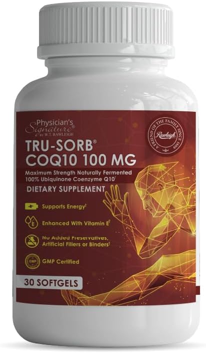 Tru-Sorb CoQ10 100mg: 30 Cápsulas Gelatinosas - Suplemento Naturalmente Fermentado com Coenzima Q10 Ubiquinona de Alta Potência e Vitamina E para Absorção Ultra Eficiente