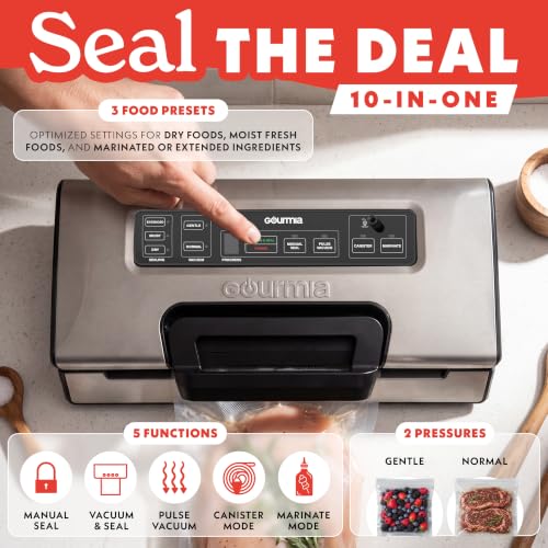 Image of Gourmia Vacuum Sealer - Food Preservation System with Marinate Mode and Vacuum Hose, Pulse Control, LED Display, Built-In Cutter, Gentle & Normal Vacuum Options, Stainless Steel
