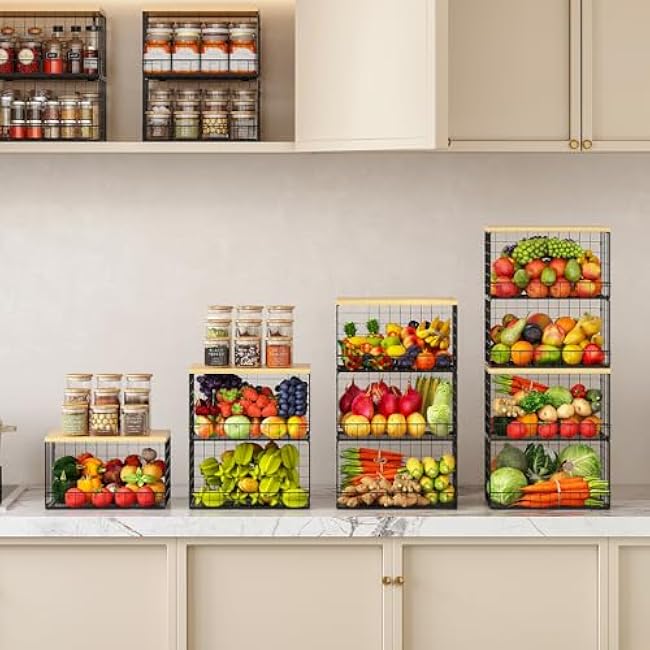 4 Pack Stackable Wire Baskets for Pantry Organizers and Storage, Pantry Baskets with Fixed Wooden Top, Fruit and Vegetable Storage Bins for Organizing Onion Potato Snack for Kitchen Cabinet/Countertop