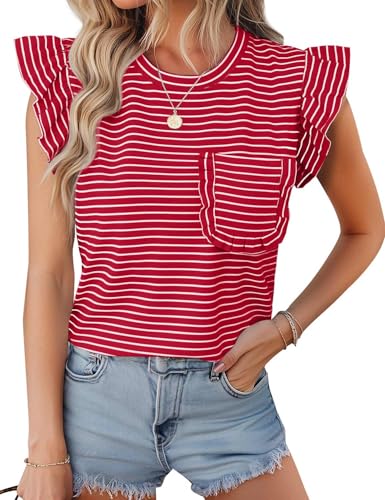 JUSTFASHIONNOW Womens Summer Tops Striped T-Shirts 2025 Ruffle Short Sleeve Crew Neck Casual Blouses with Pocket2