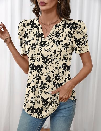 Image of LOMON Spring Summer Tops for Women 2026 V Neck Puff Short Sleeve Tops Fashion Trendy Work Blouses Dressy Casual S-XXL