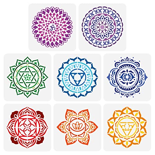 FINGERINSPIRE 8PCS Chakra Symbol Stencil 15x15cm Plastic PET Mandala Flower Stencil Reusable Yoga Meditation Floral Craft Template for DIY Scrapbook Tiles