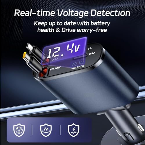 Image of 120W Fast Charging Car Charger 4-in-1 with Retractable Type-C & iOS-Compatible Cable, Dual USB Ports, Multi-Device Car Adapter for Phones, Tablets,Compatible for iPhone, Xiaomi, Google, Honor,Oppo,etc