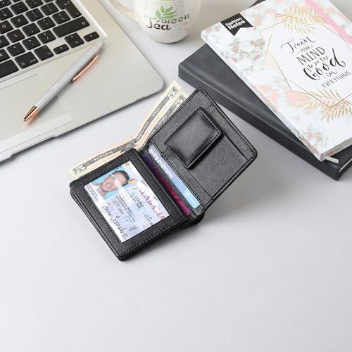 Image of VEMILIO Vegan Leather Wallet for Men & Women | 6 Card Slots | ID Window | Coin Pocket | 2 Hidden & 2 Currency Compartments | Durable Slim Bifold Purse (Black)