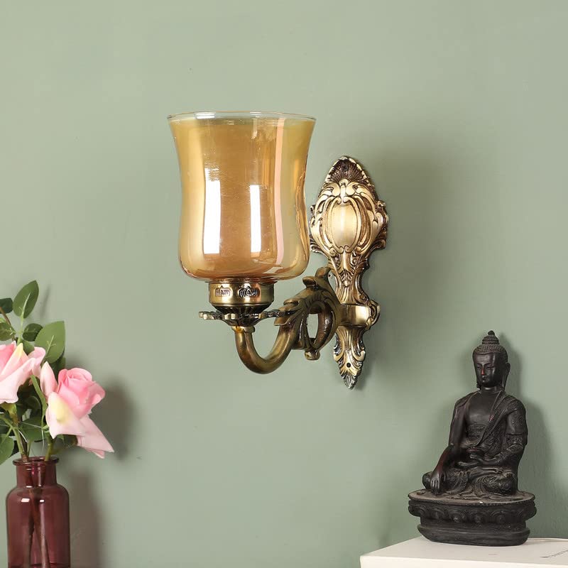 Image of ELIANTE Antique Brass Metal Wall Light with Glass Shade - Vintage Decorative Wall Lamp for Living Room Bedroom Hallway Dining Decor | 3 Years Warranty | Free - LED LAMP
