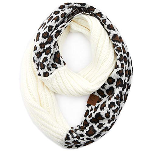 C.C Exclusives Solid Color Ribbed Infinity Scarf with Leopard Pattern Cuff (SF-80) (Ivory)