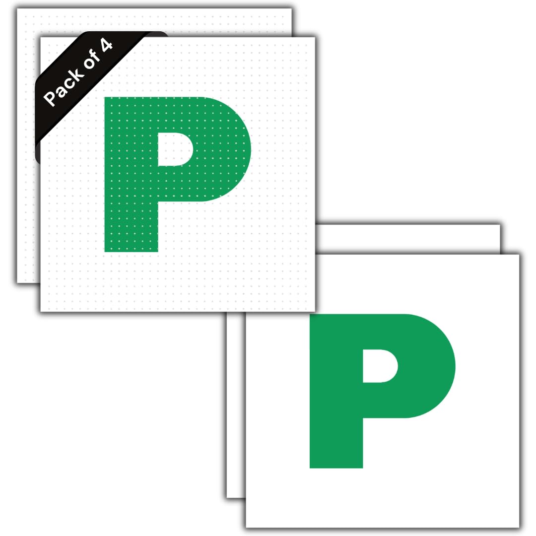 P Plate Stickers for New Driver | Micro-Perforated Tech: See-Through Inside, Bold Outside | Includes Both Micro-Perforated & Solid Vinyl Stickers | 7"x7" | C&J Goods (4 Pack)