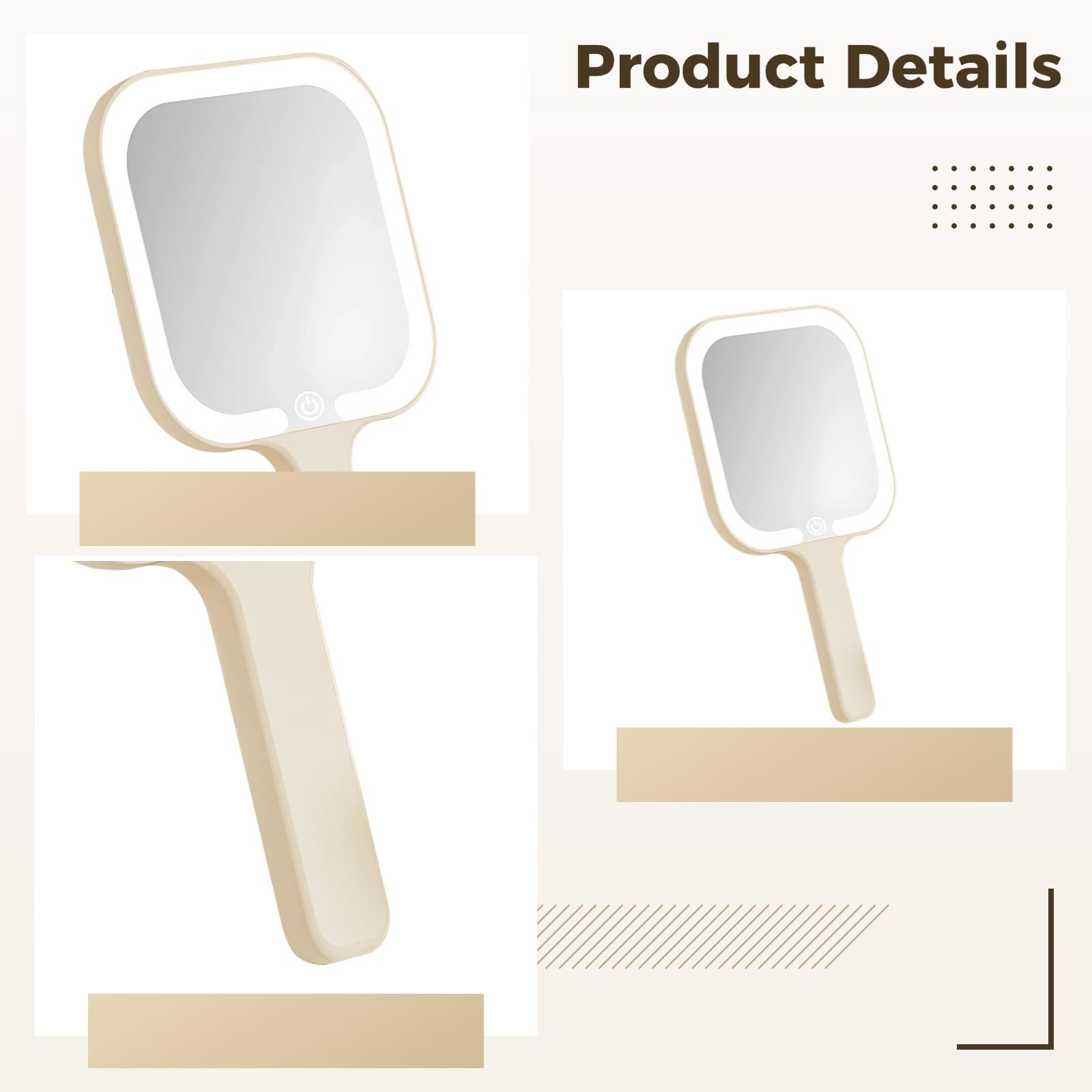 LUMINFLY Tri-Color Led Handheld Mirror with Rechargeable Battery, Touch-Control Makeup Mirror, Perfect for Travel and Dorm Use