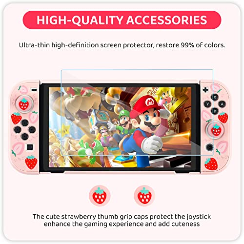 FANPL Cute Carrying Case for Nintendo Switch OLED 2021, Pink Protective Cover Accessories Bundle with Travel Case, PC Shell, Adjustable Shoulder Strap, Thumb Grips, Screen Protector (Pink Strawberry) - Image 4