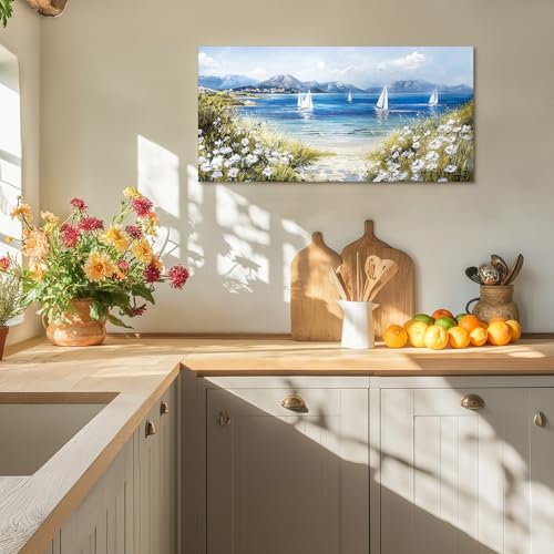crmotu Beach Wall Art, Coastal Wall Decor, Large Landscape Wall Art, Beachy Wildflower Artwork for Walls, Seascape Sailboat Canvas Pictures for Living Room Bedroom Office Art Prints 24x48inch