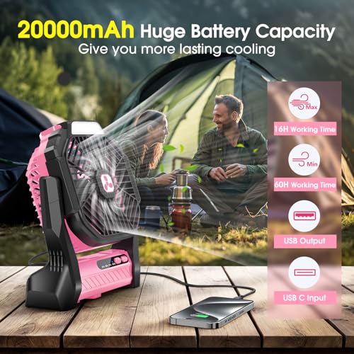 Peouix Portable Rechargeable Fan, 20000mAh Cordless Battery Powered Camping Tent Fans with LED Lantern, Small USB C Operated Outdoor Ventiladores for Travel Camp Fishing Office Home Essentials - Image 3