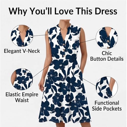 Image of Women Casual Dress Summer Stripe Button V Neck Sleeveless with Pocket Long Dresses Holiday Beach Party Midi Dress