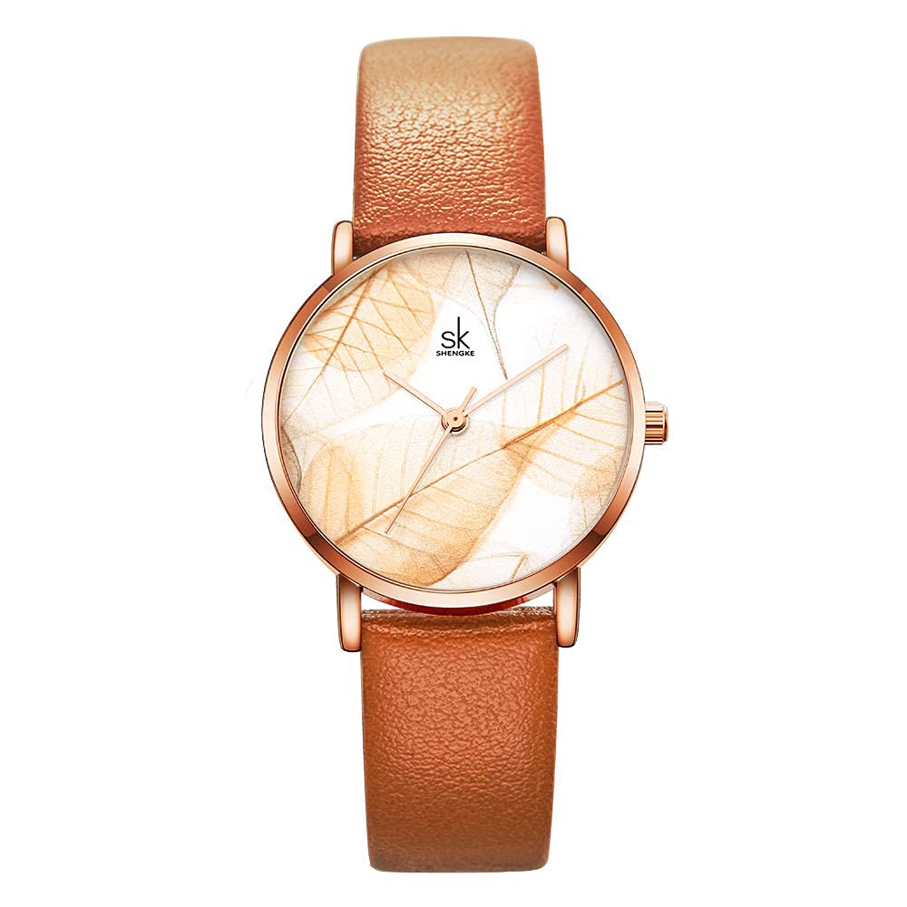 SHENGKE Analogue Womens Brown Leaf Dial Watch - 11K0108L02SK (Tan Strap) (B09CG9K165) Amazon Price History, Amazon Price Tracker