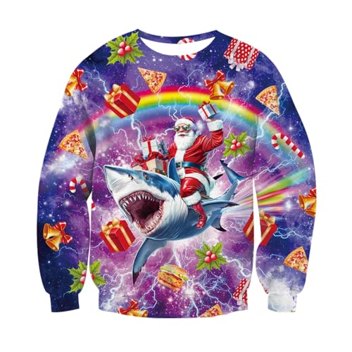 Loveternal Ugly Weihnachtspullover Damen 3D Shark Druck Hässliche Christmas Sweater Langarm Ugly Xmas Pullover Jumper L