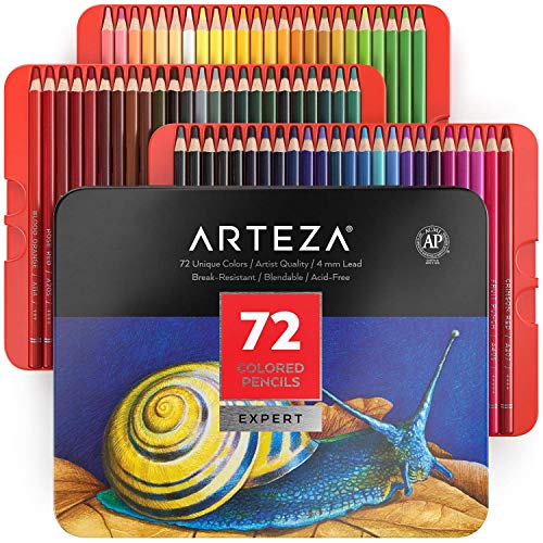 Arteza Lápices de colores profesionales para adultos y niños, Juego de 72, Estuche portátil de latón, minas resistentes a las roturas, Lápices para colorear, dibujar y sombrear