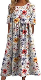 Women's Midi Dress 2024 Summer Casual Loose Flowy Bohemian Vintage Boho Floral Printed Dresses with Pockets - Buy now