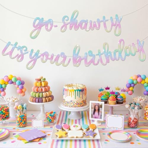 Image of BEISHIDA Go Shawty It's Your Birthday Banner NO DIY Hip Hop Theme Happy Birthday Banner Pre-Strung Rap Theme Happy Birthday Sign for Man Women birthday Party Supply Glitter Light Rainbow