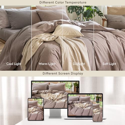 MooMee Bedding Duvet Cover Set 100% Washed Cotton Linen Like Textured Breathable Durable Soft Comfy (Heathered Mauve Brown, Palatial King/Oversized King 120"x98") by MooMee - Image 7
