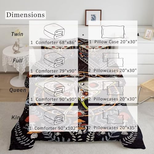 Image of Black Gothic Moth Comforter Set Full Size Boho Dead Moon Bedding Sets for Girls Boys Kids Adults Bedroom Decor Vintage Mushroom Quilt 1 Comforter 2 Pillowcases