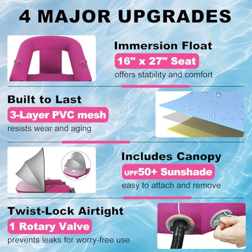Image of Adult Inflatable Pool Floats | UPF50+ & Rain Canopy | 2 Large Drink Holders| Deepened Seat | Inflatable Lounger Float for Swimming Pool /Beach /Lake /Party | Pink