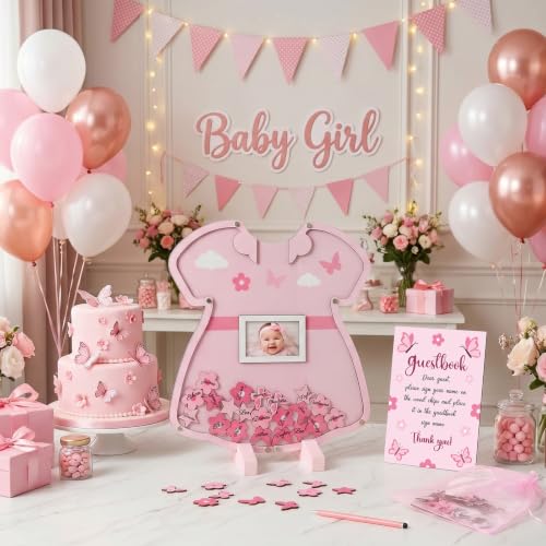 Image of Kosiz Pink Dress Baby Shower Guest Book, Acrylic Guest Book Alternative with Wooden Flowers and Butterflies for 60 Guests, Baby Shower Sign and Nursery Keepsake